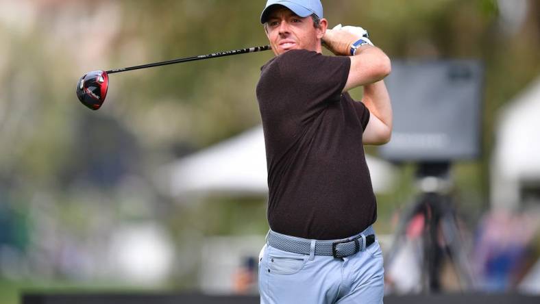 Feb 18, 2023; Pacific Palisades, California, USA; Rory McIlroy hits from the fifteenth hole tee during the third round of The Genesis Invitational golf tournament. Mandatory Credit: Gary A. Vasquez-USA TODAY Sports