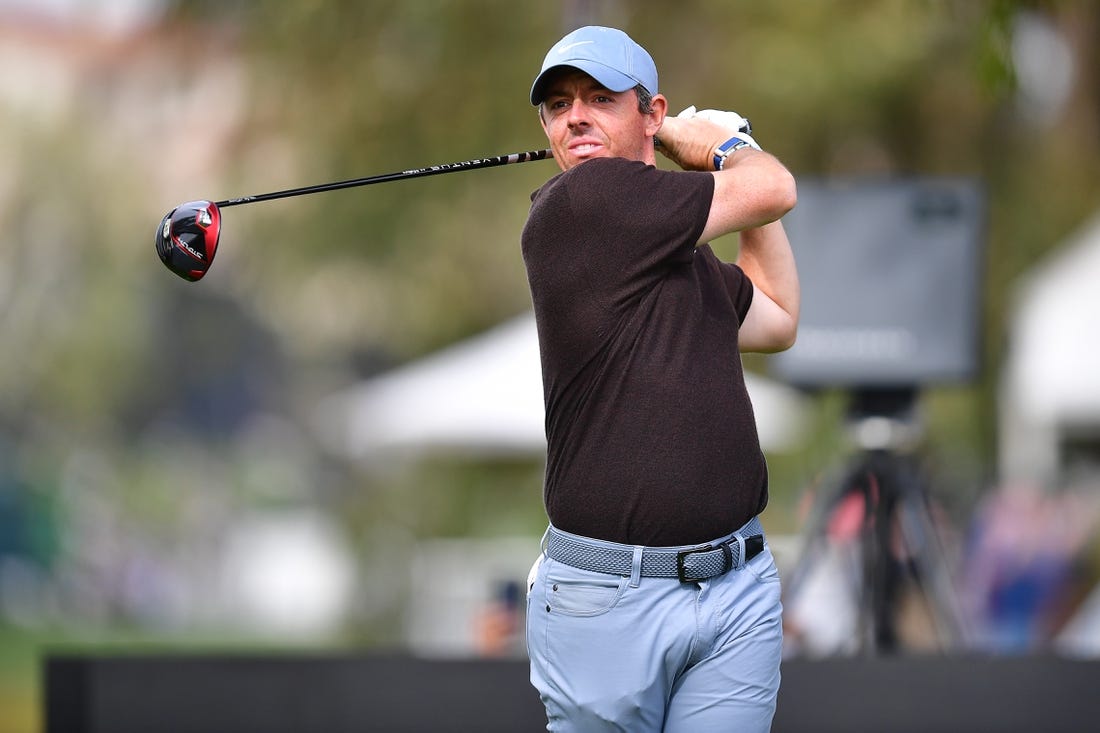 Feb 18, 2023; Pacific Palisades, California, USA; Rory McIlroy hits from the fifteenth hole tee during the third round of The Genesis Invitational golf tournament. Mandatory Credit: Gary A. Vasquez-USA TODAY Sports