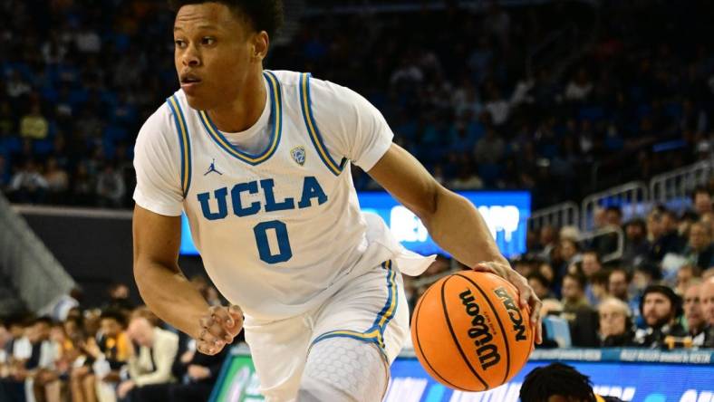 Feb 18, 2023; Los Angeles, California, USA; UCLA Bruins guard Jaylen Clark (0) dribbles the ball against the California Golden Bears in a college basketball game at Pauley Pavilion presented by Wescom. Mandatory Credit: Richard Mackson-USA TODAY Sports