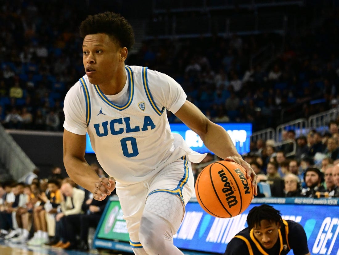 Feb 18, 2023; Los Angeles, California, USA; UCLA Bruins guard Jaylen Clark (0) dribbles the ball against the California Golden Bears in a college basketball game at Pauley Pavilion presented by Wescom. Mandatory Credit: Richard Mackson-USA TODAY Sports