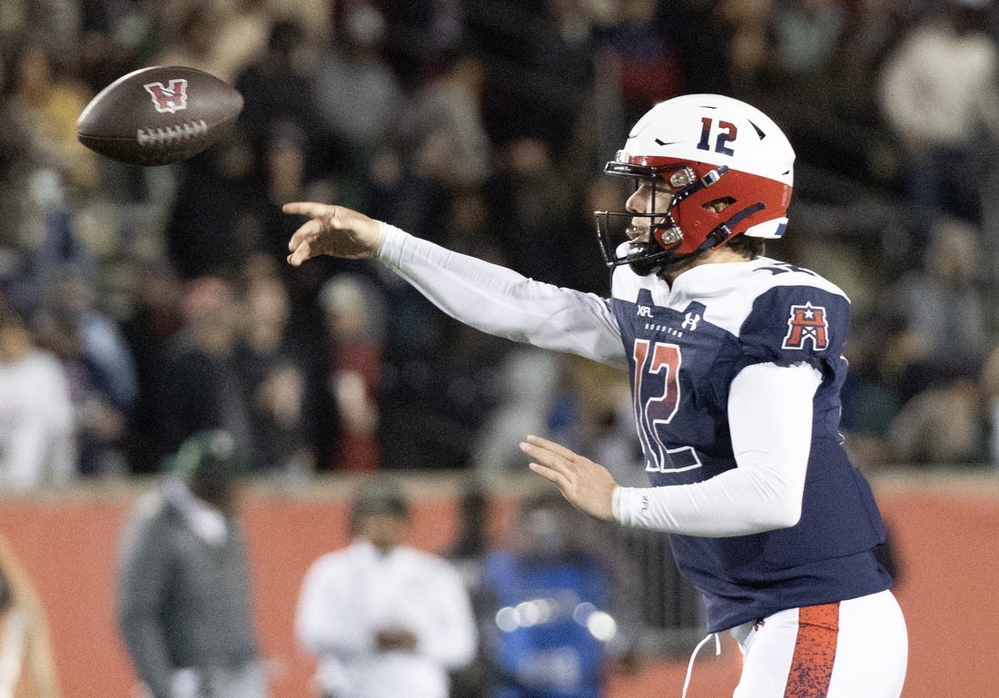 Feb 18, 2023; Houston, TX, USA; Houston Roughnecks quarterback Brandon Silvers (12) throws a pass against the Orlando Guardians in the fourth quarter at TDECU Stadium. Mandatory Credit: Thomas Shea-USA TODAY Sports