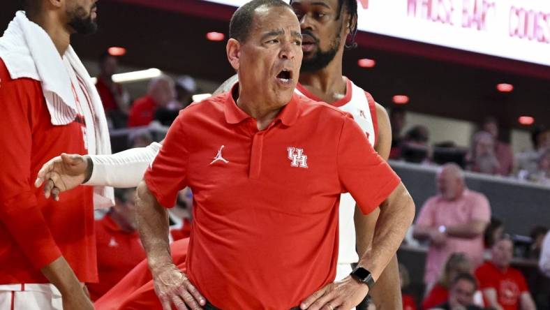 Feb 19, 2023; Houston, Texas, USA; Houston Cougars head coach Kelvin Sampson reacts during the second half against the Memphis Tigers at Fertitta Center. Mandatory Credit: Maria Lysaker-USA TODAY Sports