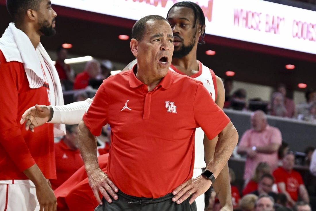 Feb 19, 2023; Houston, Texas, USA; Houston Cougars head coach Kelvin Sampson reacts during the second half against the Memphis Tigers at Fertitta Center. Mandatory Credit: Maria Lysaker-USA TODAY Sports