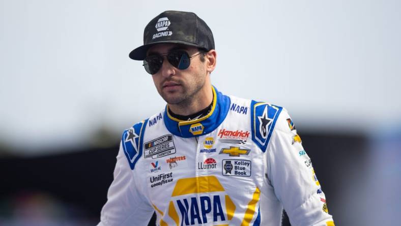 Feb 19, 2023; Daytona Beach, Florida, USA; NASCAR Cup Series driver Chase Elliott during the Daytona 500 at Daytona International Speedway. Mandatory Credit: Mark J. Rebilas-USA TODAY Sports