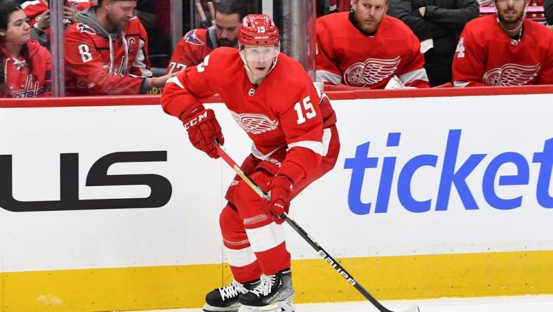 Feb 21, 2023; Washington, District of Columbia, USA; Detroit Red Wings left wing Jakub Vrana (15) handles the puck against the Washington Capitals during the second period at Capital One Arena. Mandatory Credit: Brad Mills-USA TODAY Sports