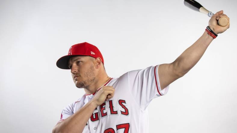 Feb 21, 2023; Tempe, AZ, USA; Los Angeles Angels outfielder Mike Trout poses for a portrait during photo day at the teams practice facility. Mandatory Credit: Mark J. Rebilas-USA TODAY Sports