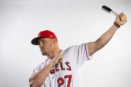Feb 21, 2023; Tempe, AZ, USA; Los Angeles Angels outfielder Mike Trout poses for a portrait during photo day at the teams practice facility. Mandatory Credit: Mark J. Rebilas-USA TODAY Sports