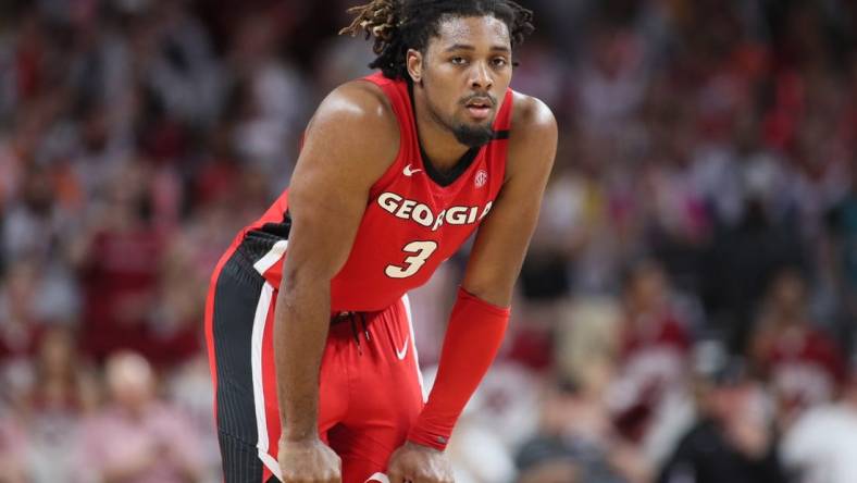 Feb 21, 2023; Fayetteville, Arkansas, USA; Georgia Bulldogs guard Kario Oquendo (3) during the second half against the Arkansas Razorbacks at Bud Walton Arena. Mandatory Credit: Nelson Chenault-USA TODAY Sports