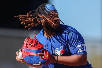 Feb 22, 2023; Dunedin, FL, USA;  Toronto Blue Jays first baseman Vladimir Guerrero Jr. (27) participates in spring workouts at the Blue Jays Player Development Complex. Mandatory Credit: Nathan Ray Seebeck-USA TODAY Sports