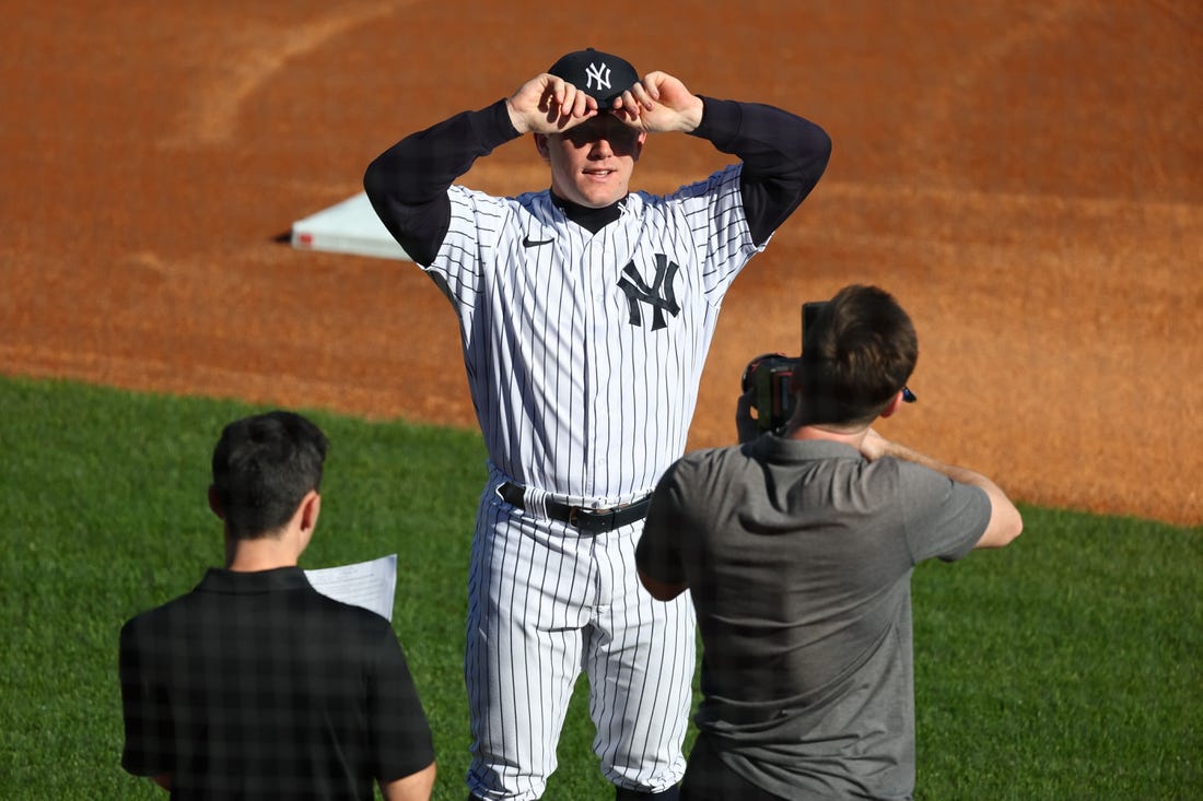 Feb 22, 2023; Tampa, FL, USA; New York Yankees center fielder Harrison Bader (22) during photo day at George M. Steinbrenner Field  Mandatory Credit: Kim Klement-USA TODAY Sports