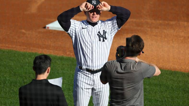 Feb 22, 2023; Tampa, FL, USA; New York Yankees center fielder Harrison Bader (22) during photo day at George M. Steinbrenner Field  Mandatory Credit: Kim Klement-USA TODAY Sports