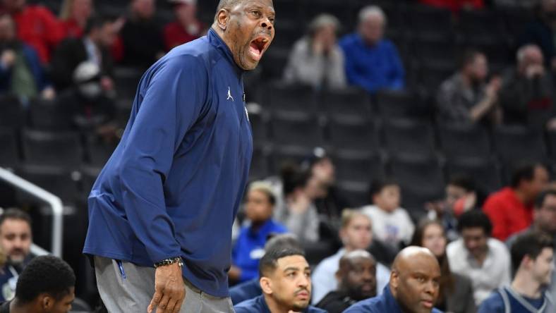 Feb 22, 2023; Washington, District of Columbia, USA; Georgetown Hoyas head coach Patrick Ewing reacts against the St. John's Red Storm during the first half at Capital One Arena. Mandatory Credit: Brad Mills-USA TODAY Sports