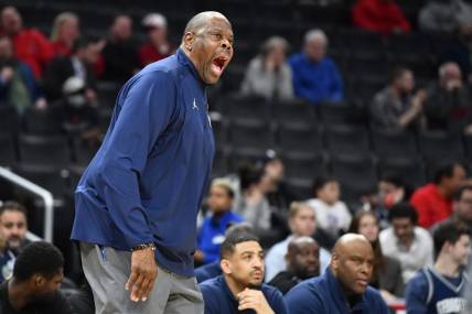 Feb 22, 2023; Washington, District of Columbia, USA; Georgetown Hoyas head coach Patrick Ewing reacts against the St. John's Red Storm during the first half at Capital One Arena. Mandatory Credit: Brad Mills-USA TODAY Sports