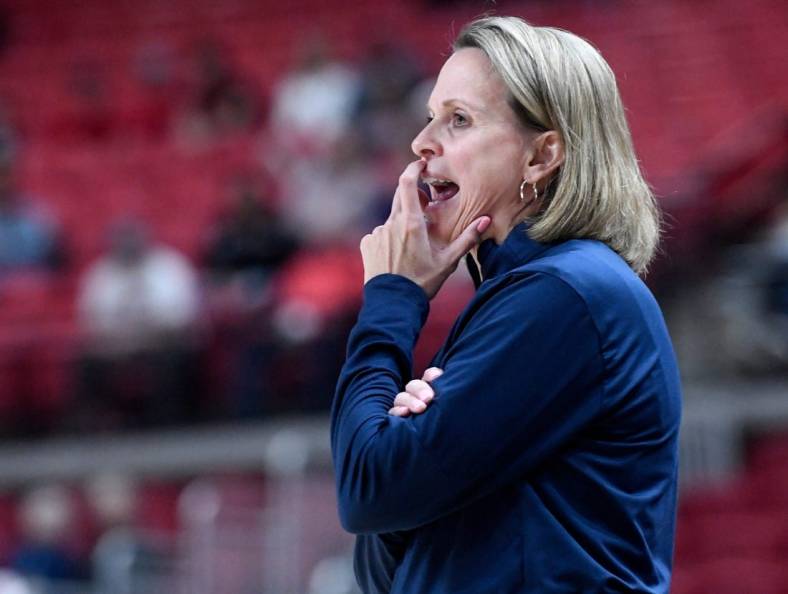 West Virginia's head coach Dawn Plitzuweit yells during the game against Texas Tech, Wednesday, Feb. 22, 2023, at United Supermarkets Arena.