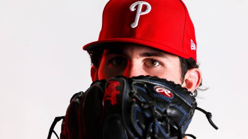 Feb 23, 2023; Clearwater, FL, USA; Philadelphia Phillies pitcher Andrew Painter (76) during photo day at BayCare Ballpark. Mandatory Credit: Nathan Ray Seebeck-USA TODAY Sports