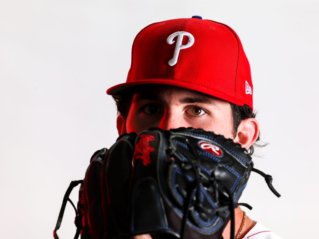 Feb 23, 2023; Clearwater, FL, USA; Philadelphia Phillies pitcher Andrew Painter (76) during photo day at BayCare Ballpark. Mandatory Credit: Nathan Ray Seebeck-USA TODAY Sports