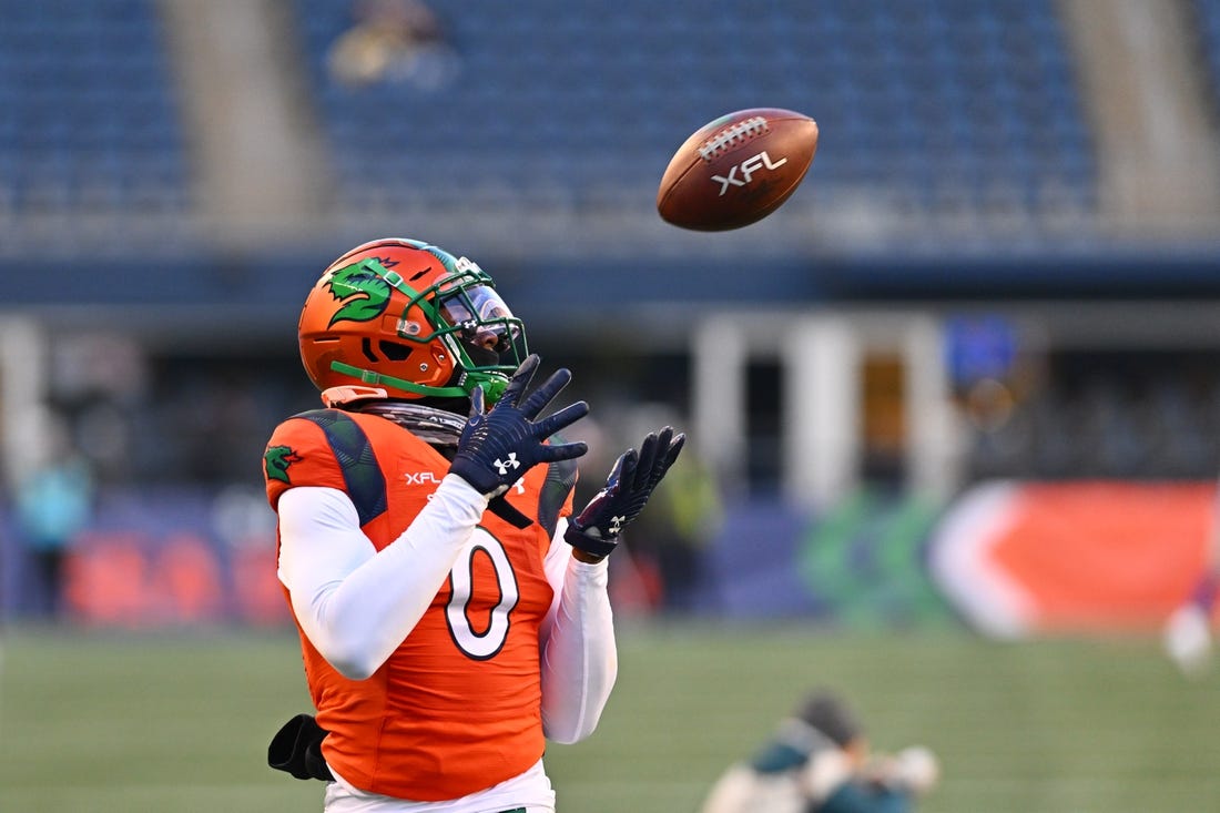 Feb 23, 2023; Seattle, WA, USA; Seattle Sea Dragons wide receiver Josh Gordon (0) catches a pass during pregame warmups prior to the game against the St. Louis Battlehawks at Lumen Field. Mandatory Credit: Steven Bisig-USA TODAY Sports