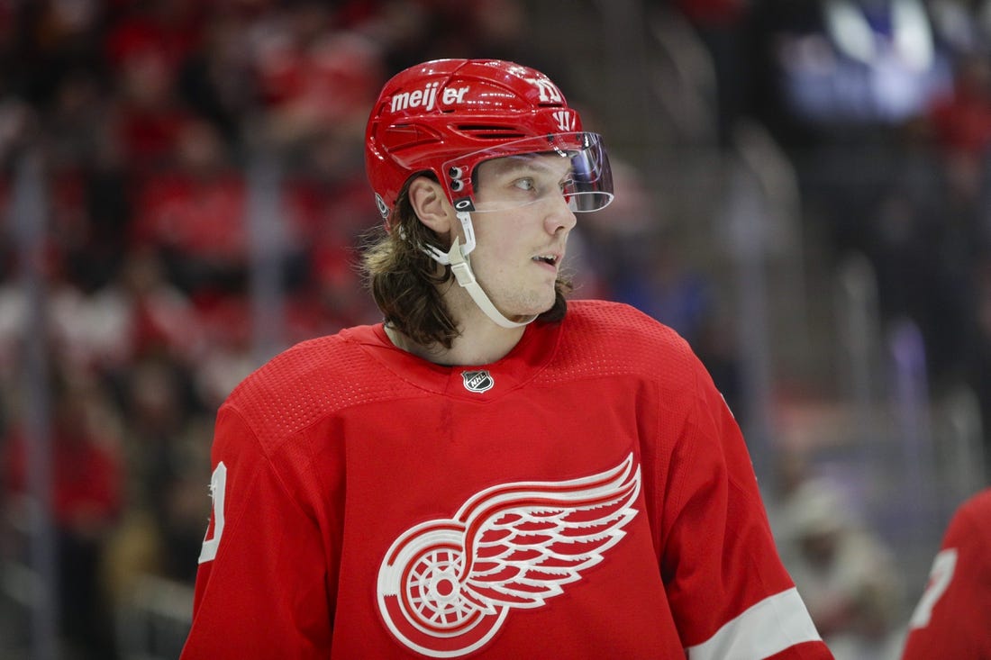 Feb 23, 2023; Detroit, Michigan, USA; Detroit Red Wings center Oskar Sundqvist (70) looks on during the second period at Little Caesars Arena. Mandatory Credit: Brian Bradshaw Sevald-USA TODAY Sports