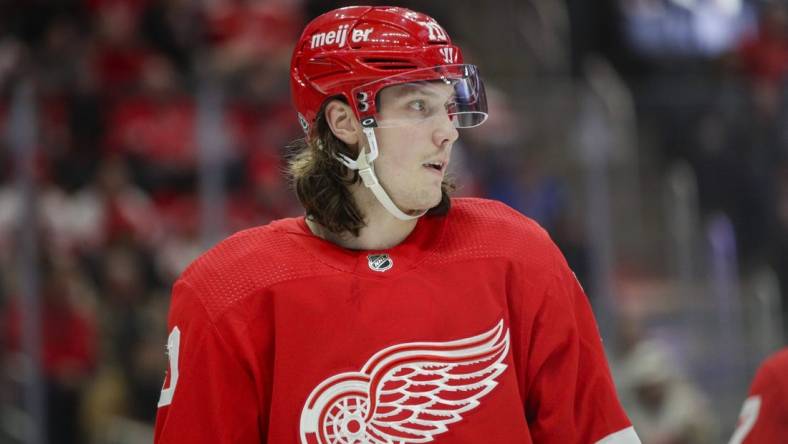 Feb 23, 2023; Detroit, Michigan, USA; Detroit Red Wings center Oskar Sundqvist (70) looks on during the second period at Little Caesars Arena. Mandatory Credit: Brian Bradshaw Sevald-USA TODAY Sports