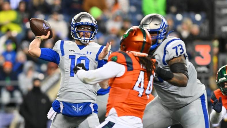 Feb 23, 2023; Seattle, WA, USA; St. Louis Battlehawks quarterback AJ McCarron (10) passes the ball against the Seattle Sea Dragons during the first half at Lumen Field. Mandatory Credit: Steven Bisig-USA TODAY Sports