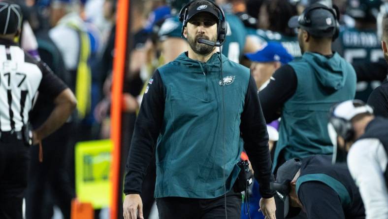 Feb 12, 2023; Glendale, Arizona, US; Philadelphia Eagles head coach Nick Sirianni in Super Bowl LVII against the Kansas City Chiefs at State Farm Stadium. Mandatory Credit: Bill Streicher-USA TODAY Sports