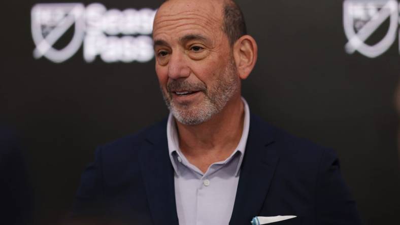 Feb 22, 2023; New York, NY, USA; MLS commissioner Don Garber speaks with the media after a preview of the new studio set for MLS Season Pass program "MLS 360" during a media introduction in New York City. Mandatory Credit: Geoff Burke-USA TODAY Sports