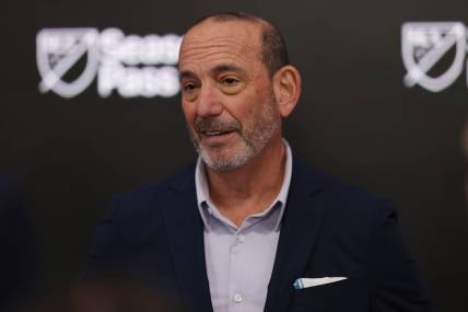 Feb 22, 2023; New York, NY, USA; MLS commissioner Don Garber speaks with the media after a preview of the new studio set for MLS Season Pass program "MLS 360" during a media introduction in New York City. Mandatory Credit: Geoff Burke-USA TODAY Sports