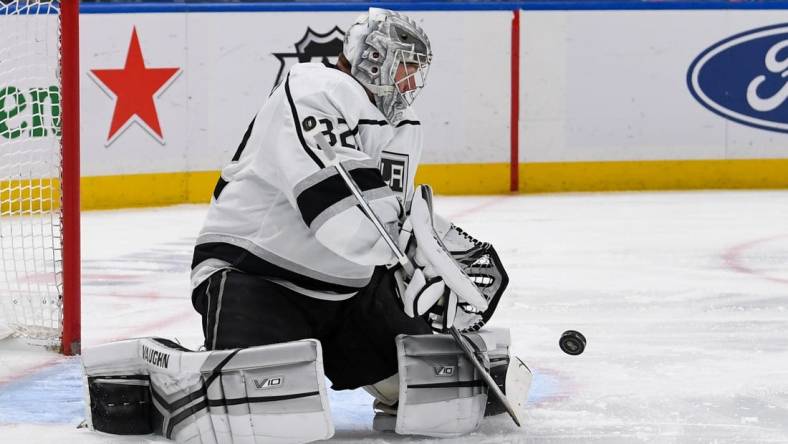 Feb 24, 2023; Elmont, New York, USA;  Los Angeles Kings goaltender Jonathan Quick (32) makes a save against the New York Islanders during the second period at UBS Arena. Mandatory Credit: Dennis Schneidler-USA TODAY Sports