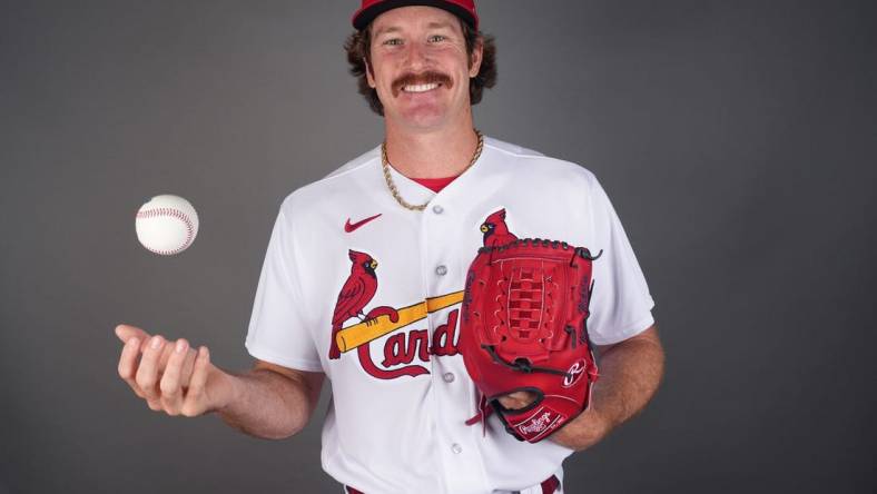 Feb 23, 2023; Jupiter, FL, USA; St. Louis Cardinals starting pitcher Miles Mikolas (39) poses for a portrait during spring training photo day. Mandatory Credit: Jim Rassol-USA TODAY Sports