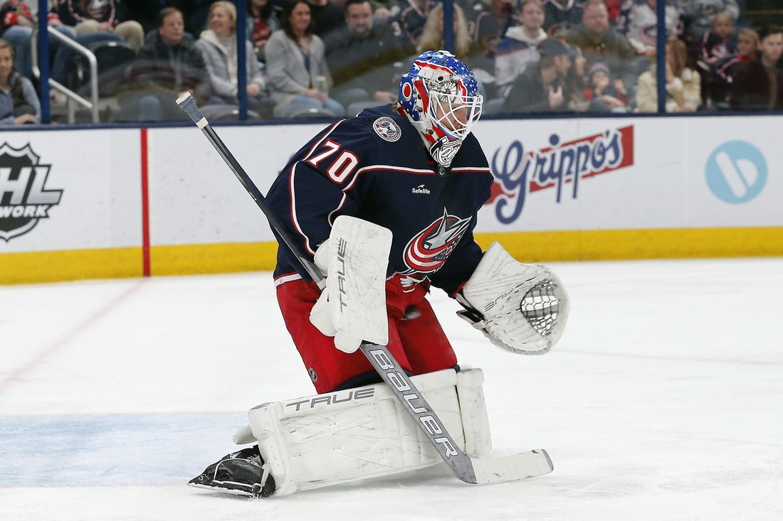 Feb 25, 2023; Columbus, Ohio, USA; Columbus Blue Jackets goalie Joonas Korpisalo (70) makes a save against the Edmonton Oilers during the first period at Nationwide Arena. Mandatory Credit: Russell LaBounty-USA TODAY Sports