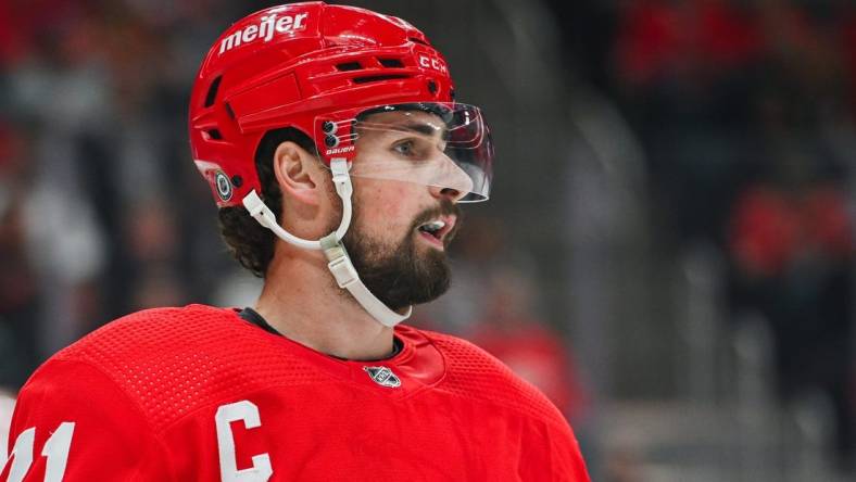 Feb 25, 2023; Detroit, Michigan, USA; Detroit Red Wings center Dylan Larkin (71) during the first period against the Tampa Bay Lightning at Little Caesars Arena. Mandatory Credit: Tim Fuller-USA TODAY Sports