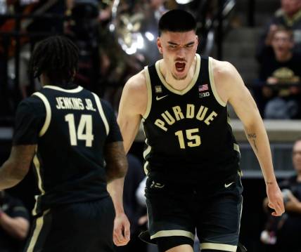 Purdue Boilermakers center Zach Edey (15) celebrates after scoring during the NCAA men   s basketball game against the Indiana Hoosiers, Saturday, Feb. 25, 2023, at Mackey Arena in West Lafayette, Ind. Indiana Hoosiers won 79-71.

Purdueiumbb022523 Am382
