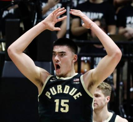 Purdue Boilermakers center Zach Edey (15) reacts to a foul call during the NCAA men   s basketball game against the Indiana Hoosiers, Saturday, Feb. 25, 2023, at Mackey Arena in West Lafayette, Ind. Indiana Hoosiers won 79-71.

Purdueiumbb022523 Am422