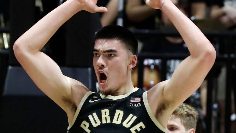 Purdue Boilermakers center Zach Edey (15) reacts to a foul call during the NCAA men   s basketball game against the Indiana Hoosiers, Saturday, Feb. 25, 2023, at Mackey Arena in West Lafayette, Ind. Indiana Hoosiers won 79-71.

Purdueiumbb022523 Am422