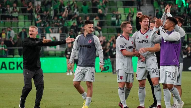 Feb 25, 2023; Austin, Texas, USA; St. Louis CITY SC head coach Bradley Carnell gestures to his players after the match against Austin FC at Q2 Stadium. Mandatory Credit: Scott Wachter-USA TODAY Sports