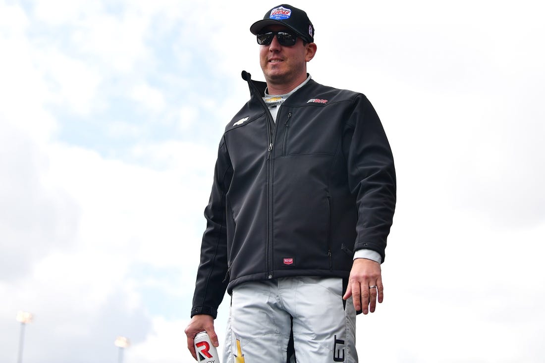 Feb 26, 2023; Fontana, California, USA; NASCAR Cup Series driver Kyle Busch (8) is introduced before the Pala Casino 400 at Auto Club Speedway. Mandatory Credit: Gary A. Vasquez-USA TODAY Sports