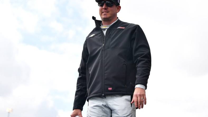 Feb 26, 2023; Fontana, California, USA; NASCAR Cup Series driver Kyle Busch (8) is introduced before the Pala Casino 400 at Auto Club Speedway. Mandatory Credit: Gary A. Vasquez-USA TODAY Sports