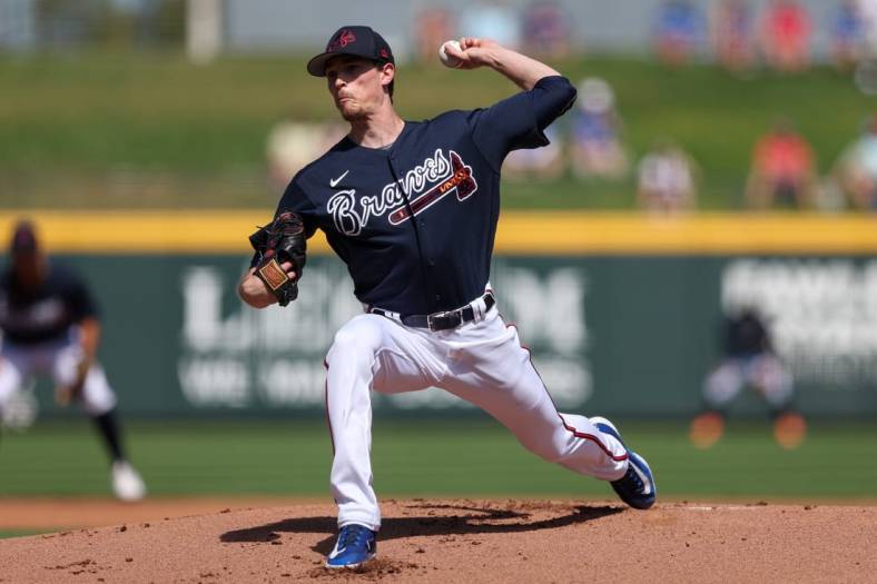 Feb 27, 2023; North Port, Florida, USA;  Atlanta Braves starting pitcher Max Fried (54) throws a pitch against the Toronto Blue Jays in the first inning during spring training at CoolToday Park. Mandatory Credit: Nathan Ray Seebeck-USA TODAY Sports