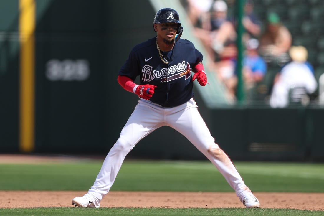 Feb 27, 2023; North Port, Florida, USA;  Atlanta Braves second baseman Orlando Arcia (11) on base against the Toronto Blue Jays in the fifth inning during spring training at CoolToday Park. Mandatory Credit: Nathan Ray Seebeck-USA TODAY Sports