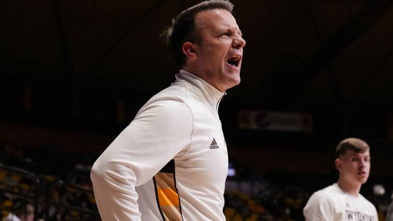 Feb 27, 2023; Laramie, Wyoming, USA; Wyoming Cowboys head coach Jeff Linder reacts against the Nevada Wolf Pack  during the second half at Arena-Auditorium. Mandatory Credit: Troy Babbitt-USA TODAY Sports