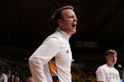 Feb 27, 2023; Laramie, Wyoming, USA; Wyoming Cowboys head coach Jeff Linder reacts against the Nevada Wolf Pack  during the second half at Arena-Auditorium. Mandatory Credit: Troy Babbitt-USA TODAY Sports
