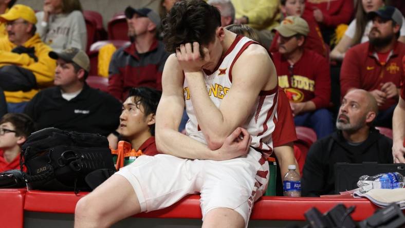 Feb 27, 2023; Ames, Iowa, USA; Iowa State Cyclones guard Caleb Grill (2) sits on the training table after the loss against the West Virginia Mountaineers during the second half at James H. Hilton Coliseum. Mandatory Credit: Reese Strickland-USA TODAY Sports