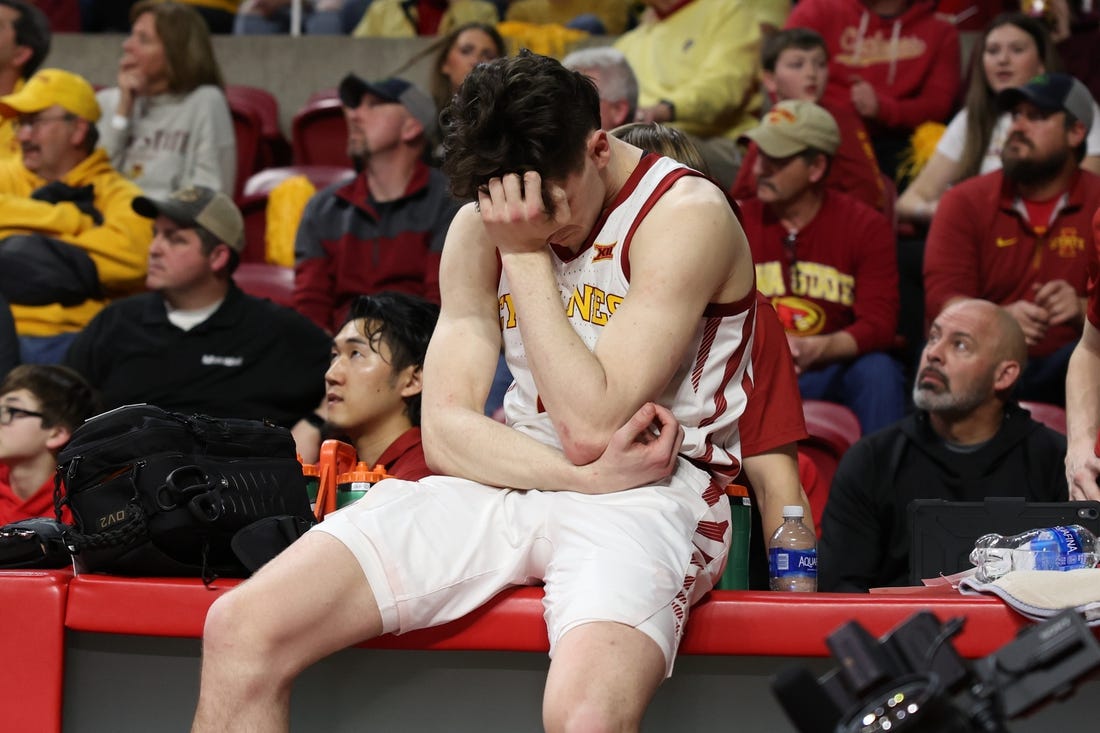 Feb 27, 2023; Ames, Iowa, USA; Iowa State Cyclones guard Caleb Grill (2) sits on the training table after the loss against the West Virginia Mountaineers during the second half at James H. Hilton Coliseum. Mandatory Credit: Reese Strickland-USA TODAY Sports