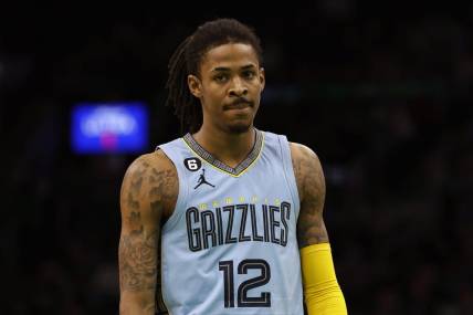 Feb 12, 2023; Boston, Massachusetts, USA; Memphis Grizzlies guard Ja Morant (12) during the second half against the Boston Celtics at TD Garden. Mandatory Credit: Winslow Townson-USA TODAY Sports