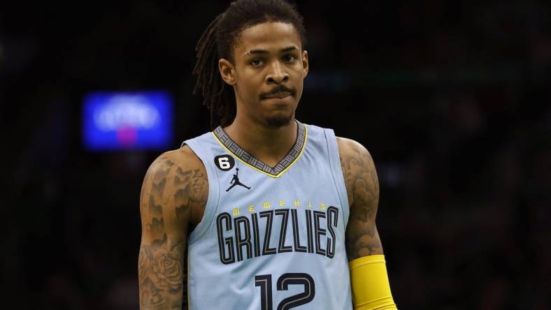 Feb 12, 2023; Boston, Massachusetts, USA; Memphis Grizzlies guard Ja Morant (12) during the second half against the Boston Celtics at TD Garden. Mandatory Credit: Winslow Townson-USA TODAY Sports