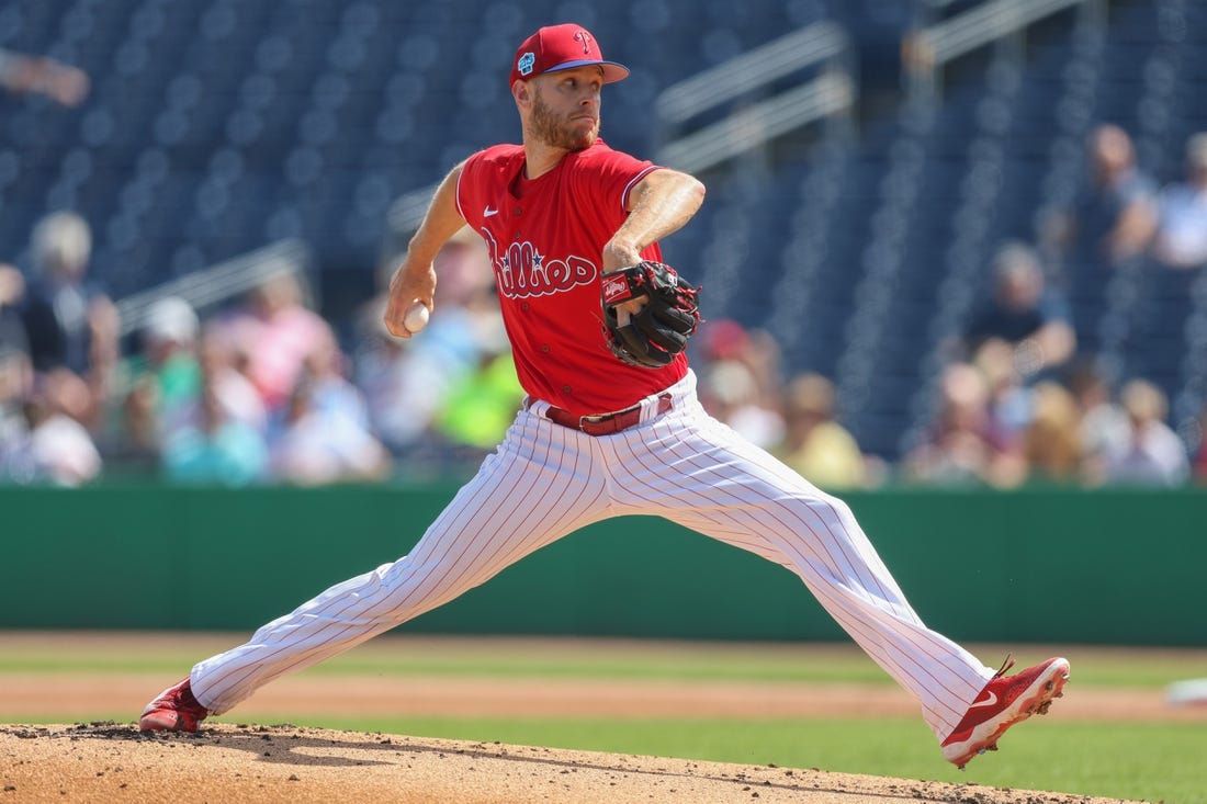 Feb 28, 2023; Clearwater, Florida, USA;  Philadelphia Phillies starting pitcher Zack Wheeler (45) throws a pitch against the Toronto Blue Jays in the first inning during spring training at BayCare Ballpark. Mandatory Credit: Nathan Ray Seebeck-USA TODAY Sports