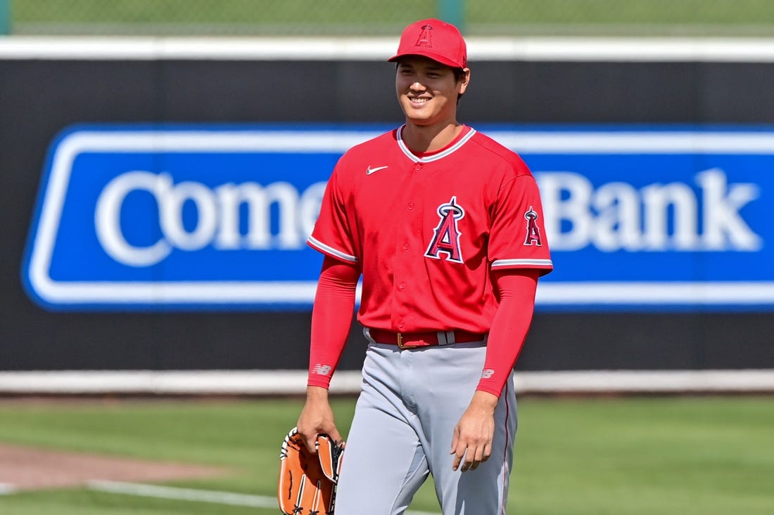 Feb 28, 2023; Mesa, Arizona, USA; Los Angeles Angels starting pitcher Shohei Ohtani (17) looks on prior to the game against the Oakland Athletics during a Spring Training game at Hohokam Stadium. Mandatory Credit: Matt Kartozian-USA TODAY Sports