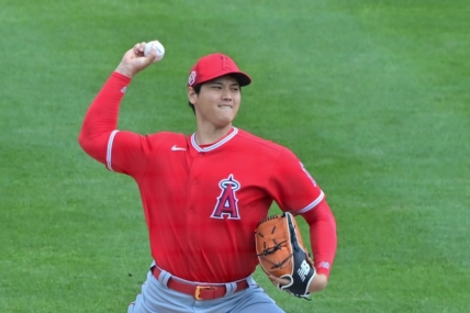 Feb 28, 2023; Mesa, Arizona, USA; Los Angeles Angels starting pitcher Shohei Ohtani (17) throws in the second inning against the Oakland Athletics during a Spring Training game at Hohokam Stadium. Mandatory Credit: Matt Kartozian-USA TODAY Sports