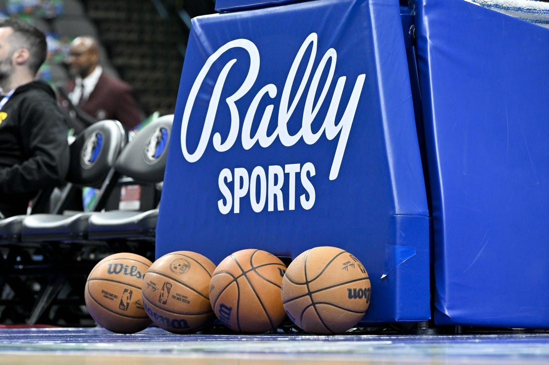 Feb 28, 2023; Dallas, Texas, USA; A view of the Bally Sports logo and NBA basketballs during warmups before the game between the Dallas Mavericks and the Indiana Pacers the American Airlines Center. Mandatory Credit: Jerome Miron-USA TODAY Sports