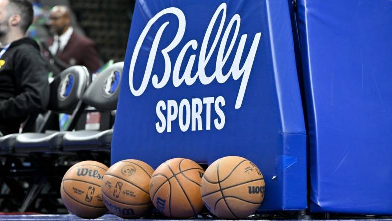 Feb 28, 2023; Dallas, Texas, USA; A view of the Bally Sports logo and NBA basketballs during warmups before the game between the Dallas Mavericks and the Indiana Pacers the American Airlines Center. Mandatory Credit: Jerome Miron-USA TODAY Sports